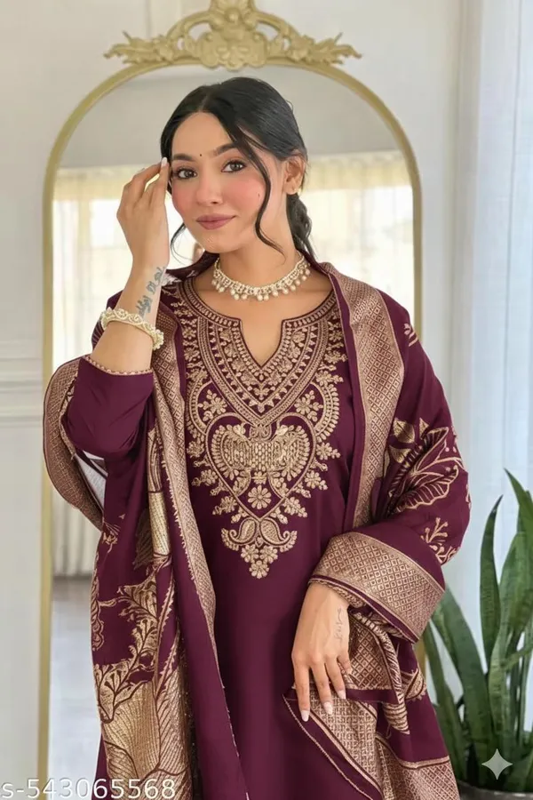 Maroon_Rayon_Slub_Embroidered_Straight_Kurta_Set_For_Women
