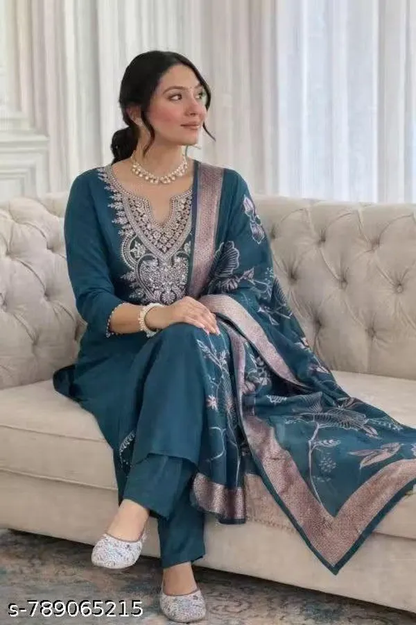 Teal_Rayon_Slub_Embroidered_Straight_Kurta_Set_For_Women