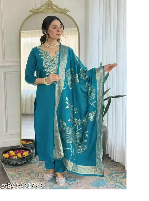 Teal_Rayon_Slub_Straight_Embroidered_Suit_Set_For_Women