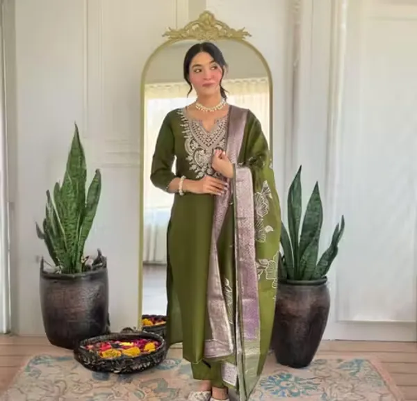 Olive_Green_Rayon_Slub_Embroidered_Straight_Kurta_Set_For_Women