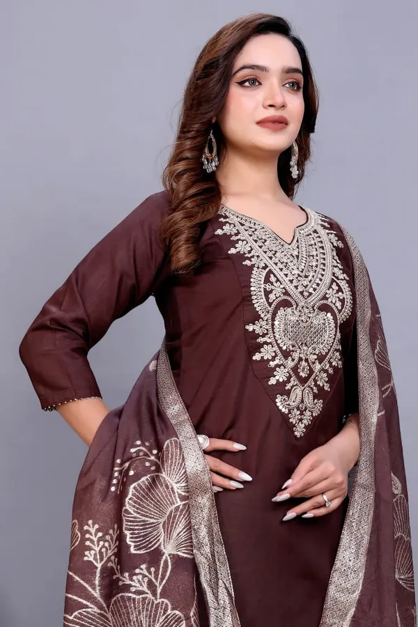 Brown_Rayon_Slub_Straight_Embroidered_Suit_Set_For_Women