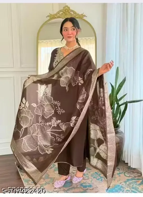 Brown_Rayon_Slub_Straight_Embroidered_Suit_Set_For_Women