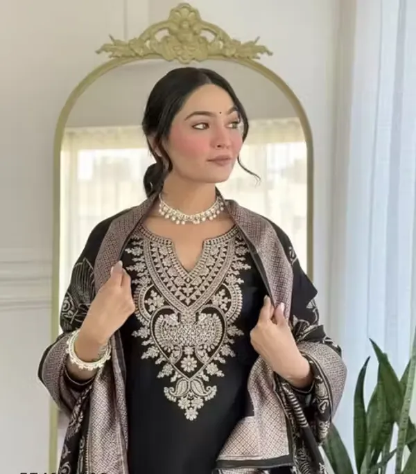 Black_Rayon_Slub_Embroidered_Suit_Set_For_Women