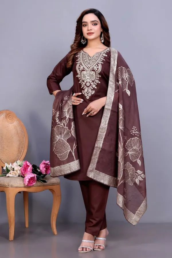 Brown_Rayon_Slub_Straight_Embroidered_Suit_Set_For_Women