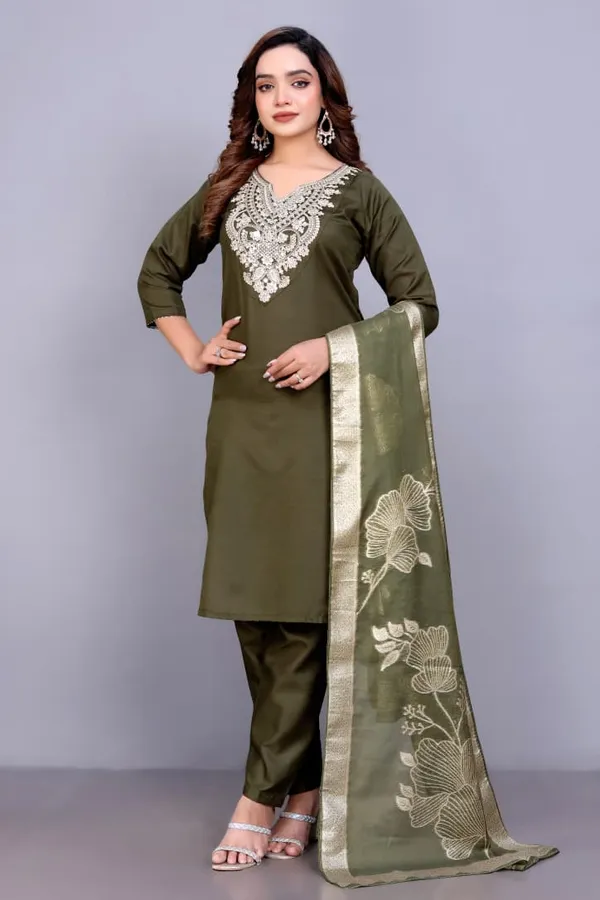 Olive_Green_Rayon_Slub_Embroidered_Straight_Kurta_Set_For_Women