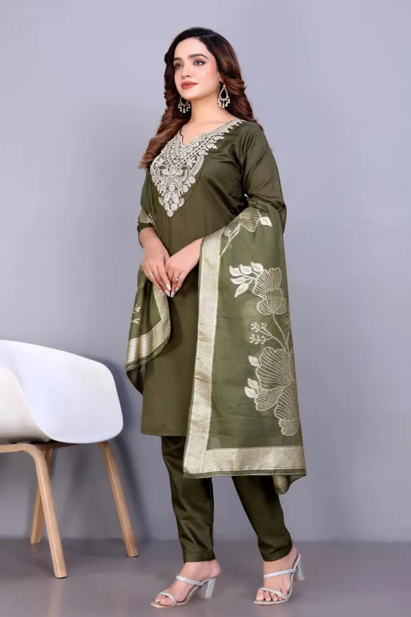 Olive_Green_Rayon_Slub_Embroidered_Straight_Kurta_Set_For_Women