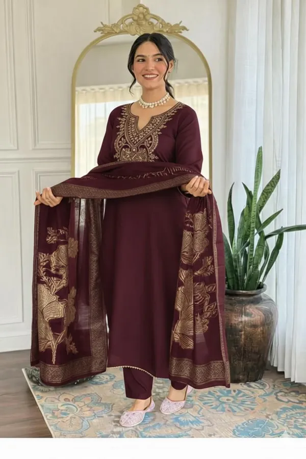 Maroon_Rayon_Slub_Embroidered_Straight_Kurta_Set_For_Women