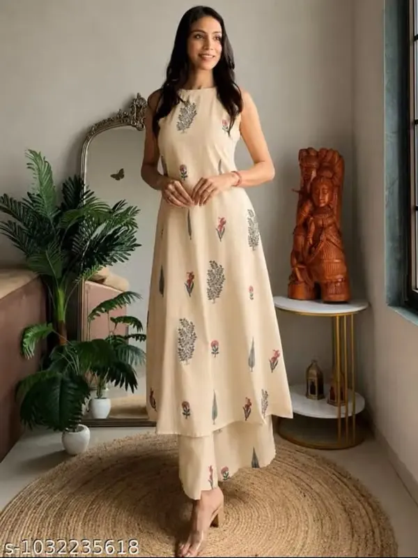 White_Rayon_Slub_Printed_Sleeveless_Kurti_Set_For_Women