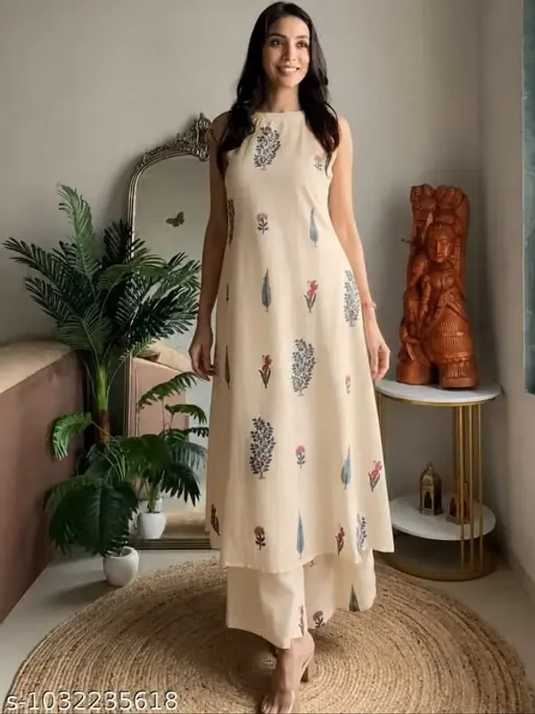 White_Rayon_Slub_Printed_Sleeveless_Kurti_Set_For_Women