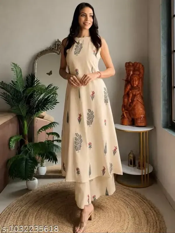 White_Rayon_Slub_Printed_Sleeveless_Kurti_Set_For_Women