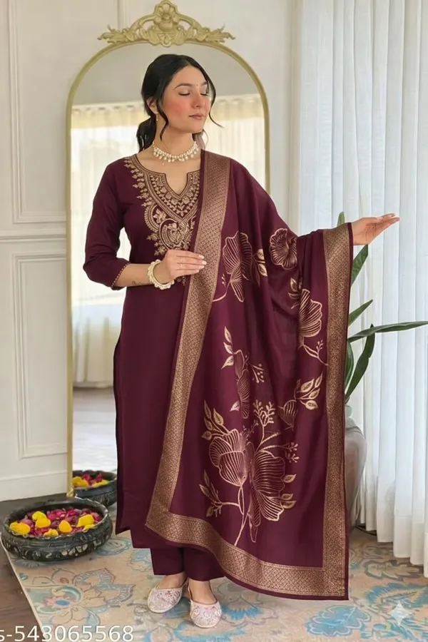 Maroon_Rayon_Slub_Embroidered_Straight_Kurta_Set_For_Women