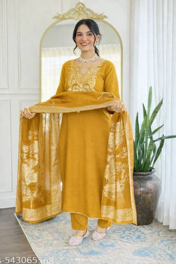 Mustard_Rayon_Slub_Embroidered_Straight_Suit_Set_For_Women