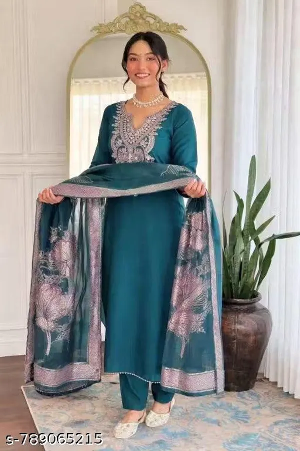 Teal_Rayon_Slub_Embroidered_Straight_Kurta_Set_For_Women