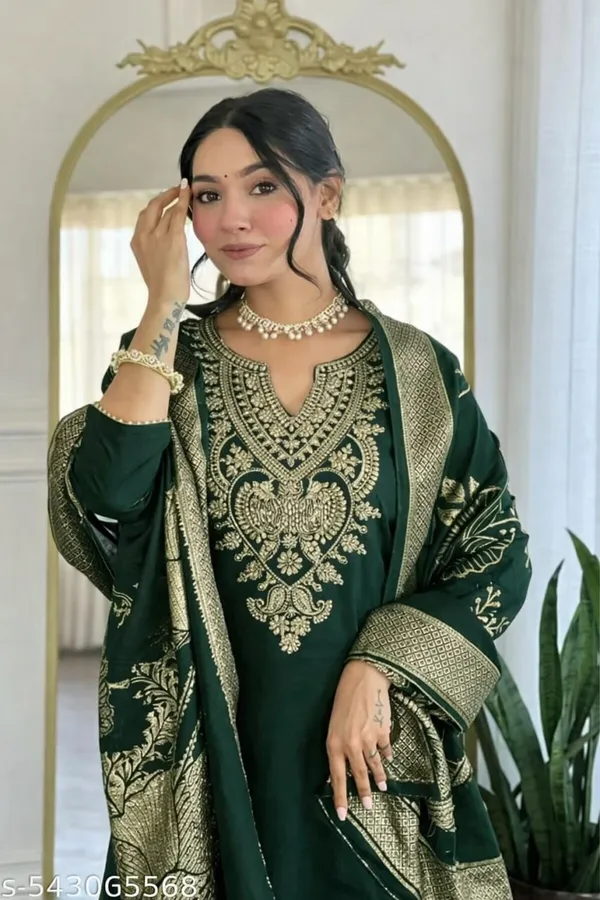 Green_Rayon_Slub_Embroidered_Straight_Suit_Set_For_Women