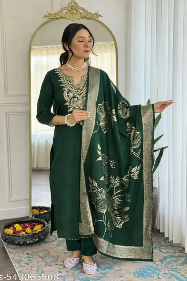 Green_Rayon_Slub_Embroidered_Straight_Suit_Set_For_Women