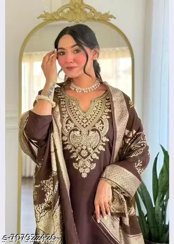 Brown_Rayon_Slub_Straight_Embroidered_Suit_Set_For_Women