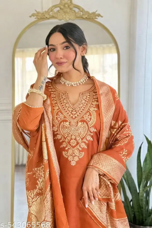 Orange_Rayon_Slub_Straight_Suit_Set_For_Women