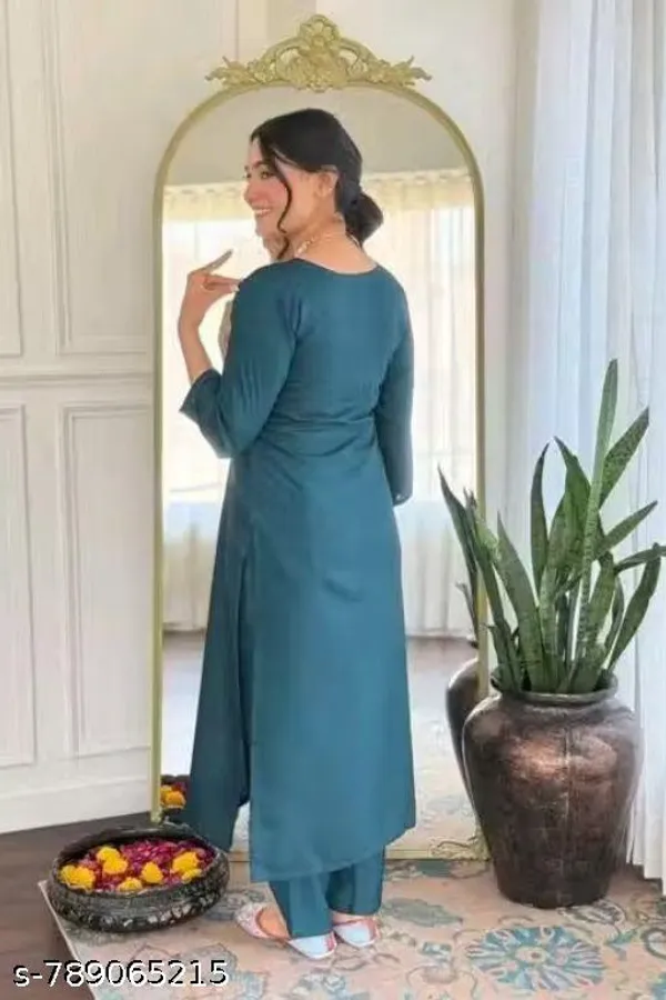 Teal_Rayon_Slub_Embroidered_Straight_Kurta_Set_For_Women
