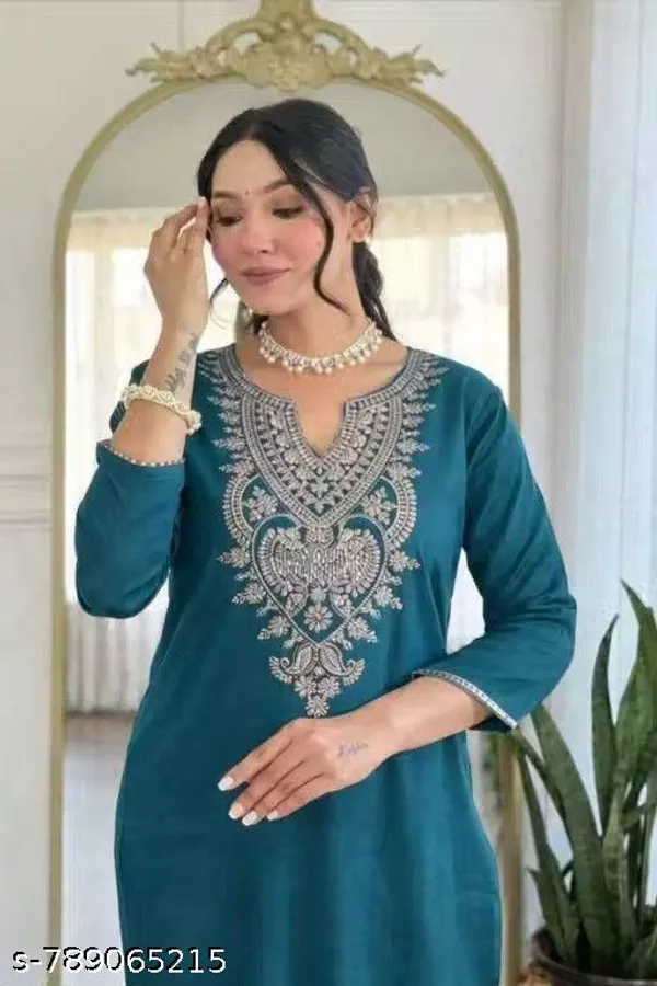 Teal_Rayon_Slub_Embroidered_Straight_Kurta_Set_For_Women