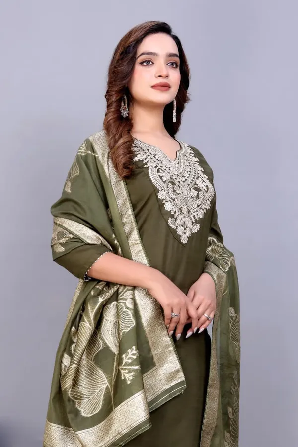Olive_Green_Rayon_Slub_Embroidered_Straight_Kurta_Set_For_Women
