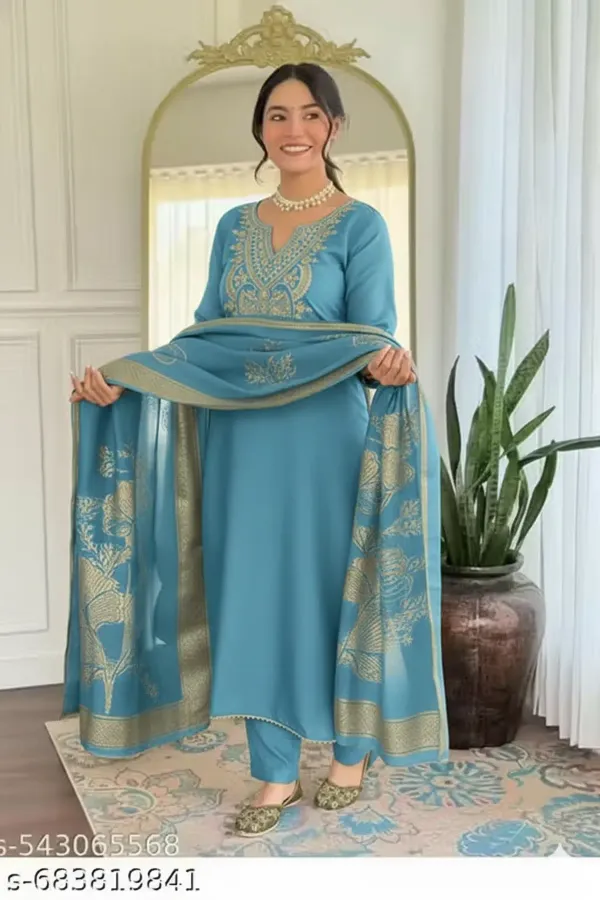 Blue_Rayon_Slub_Embroidered_Straight_Kurta_Set_For_Women