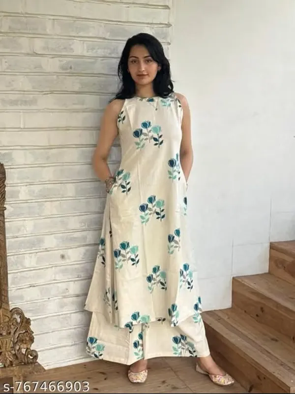 White_Rayon_Slub_Printed_Sleeveless_Kurti_Set_For_Women