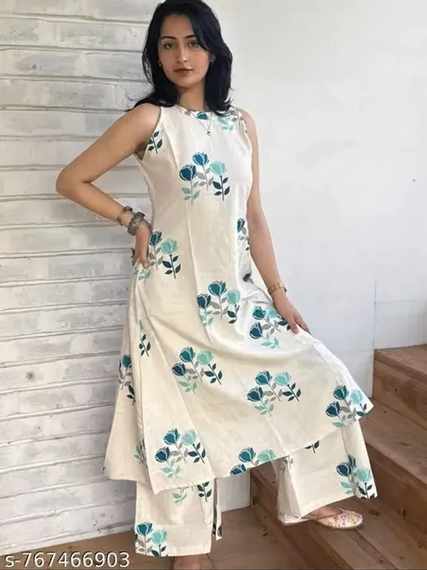 White_Rayon_Slub_Printed_Sleeveless_Kurti_Set_For_Women