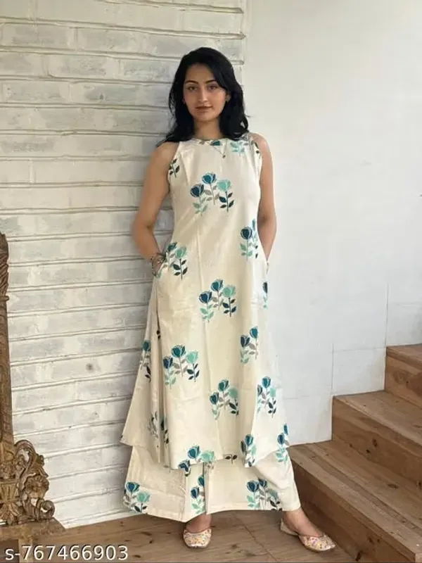 White_Rayon_Slub_Printed_Sleeveless_Kurti_Set_For_Women