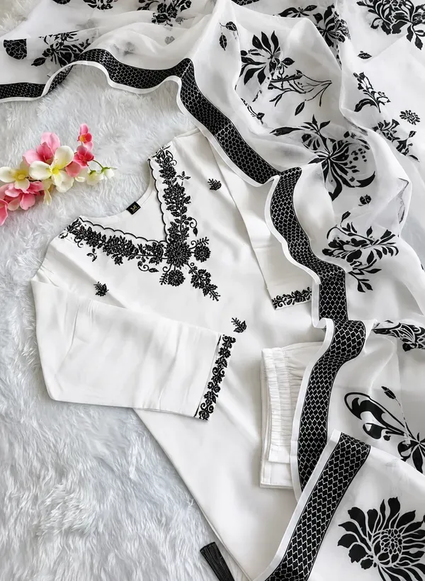 White_Black_Rayon_Slub_Printed_Straight_Kurta_Set_For_Women