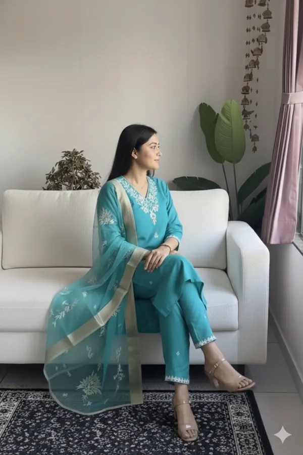 Turquoise_Embroidered_Straight_Kurta_Set_For_Women
