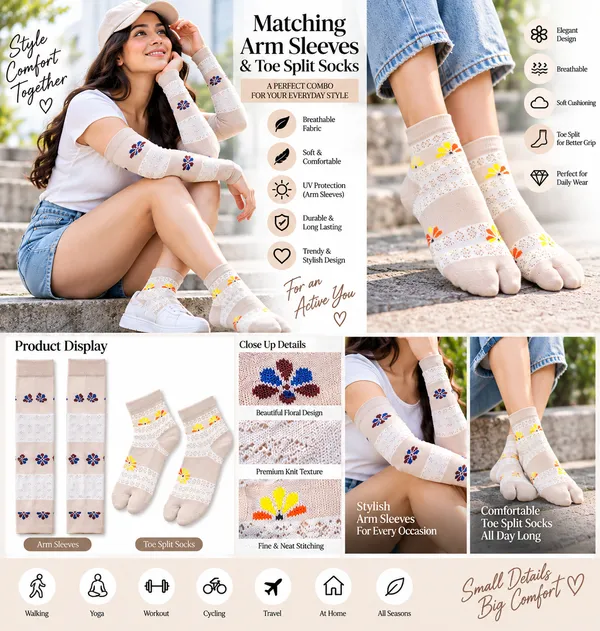 Multicolor_Knit_Comfort_Fit_Arm_Sleeves_And_Split-Toe_Socks_For_Women