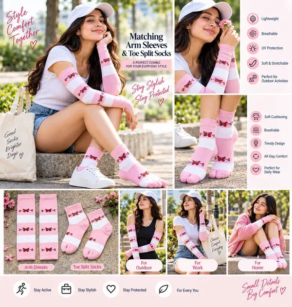 Multicolor_Knit_Comfort_Fit_Arm_Sleeves_And_Split-Toe_Socks_For_Women