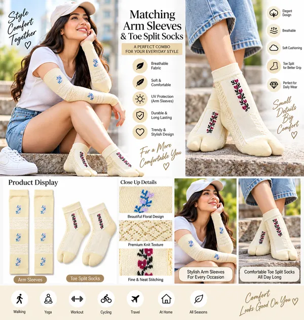 Multicolor_Knit_Arm_Sleeves_And_Toe_Split_Socks_Combo_For_Women