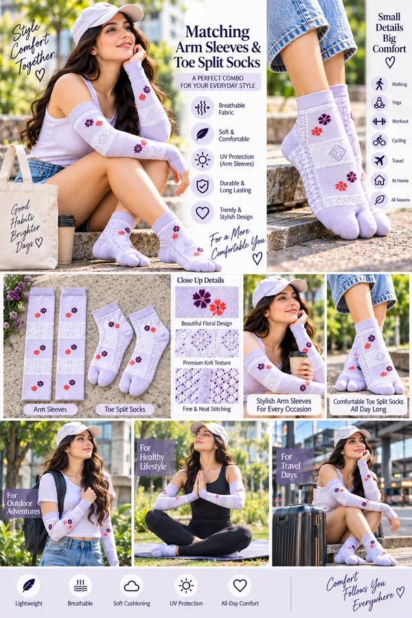 Multicolor_Knit_Comfort_Fit_Arm_Sleeves_And_Split-Toe_Socks_For_Women