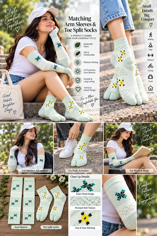 Multicolor_Knit_Arm_Sleeves_And_Toe_Split_Socks_Combo_For_Women