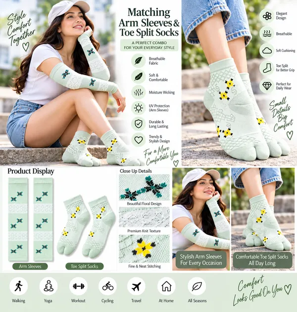 Multicolor_Knit_Arm_Sleeves_And_Toe_Split_Socks_Combo_For_Women