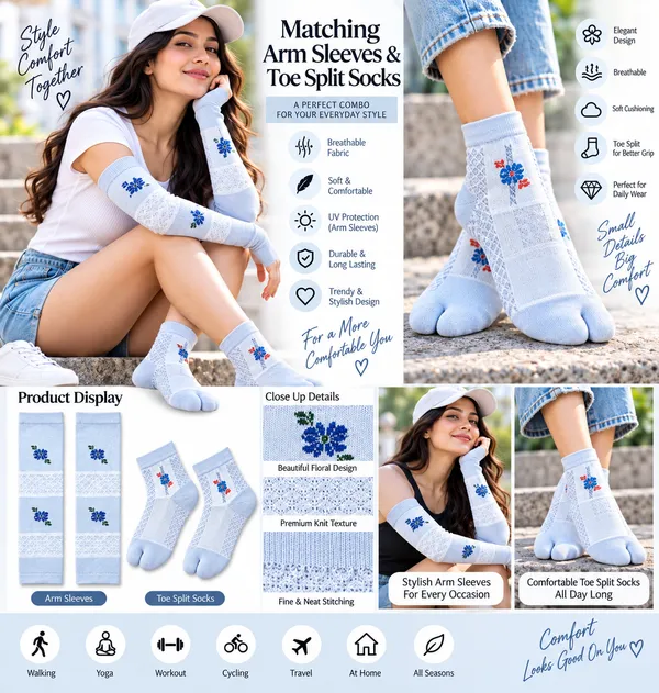 Multicolor_Knit_Arm_Sleeves_And_Toe_Split_Socks_Combo_For_Women