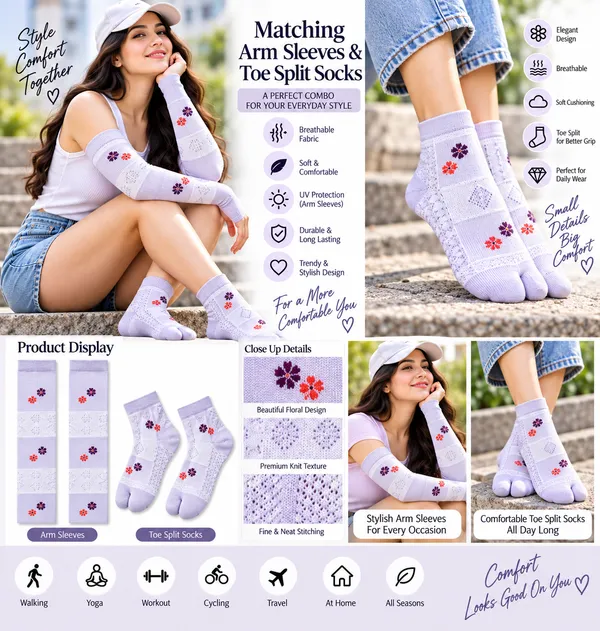 Multicolor_Knit_Arm_Sleeves_And_Toe_Split_Socks_Combo_For_Women