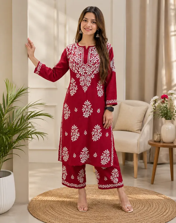 Red_Rayon_Cotton_Chikankari_Embroidery_Kurta_With_Palazzo_For_Women