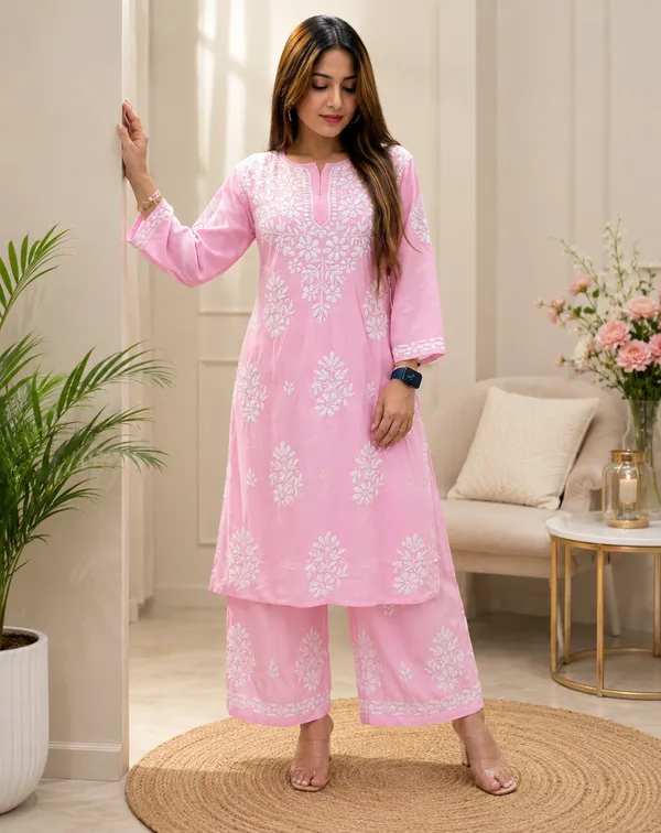 Baby_Pink_Rayon_Cotton_Chikankari_Embroidery_Kurta_With_Palazzo_For_Women