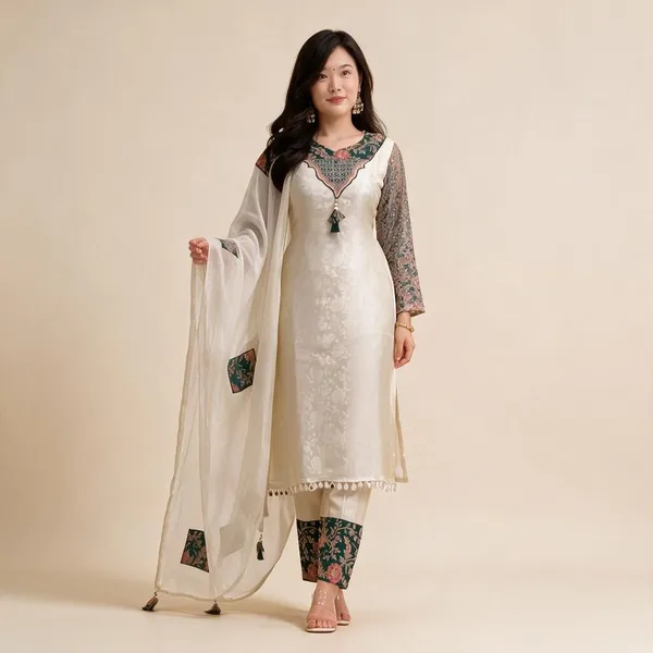 Cream_Traditional_Banarasi_Zari_Jacquard_Kurta_With_Maharaja_Silky_Pant_&_Dupatta