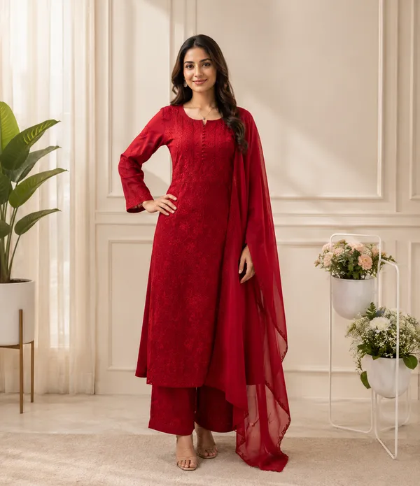 Red_Chikankari_Kurti_Set_With_Dupatta_For_Women