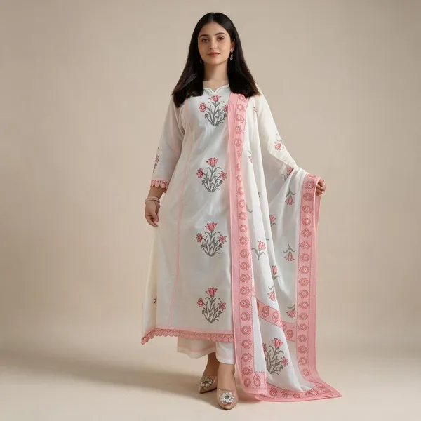 Off_White_Jaipuri_Taj_Cotton_Hand_Block_Print_Ghera_Kurta_With_Pant_And_Dupatta_For_Women