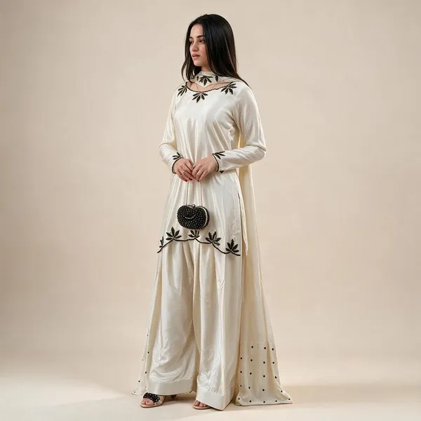 White_Natural_Crepe_Embroidery_Kurta_With_Farsi_Salwar_&_Dupatta_For_Women