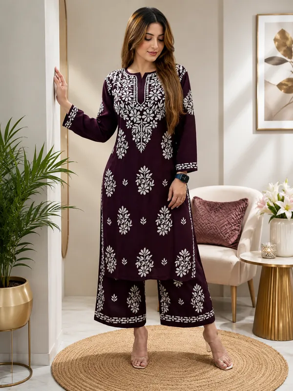 Wine_Rayon_Cotton_Chikankari_Embroidery_Kurta_With_Palazzo_For_Women