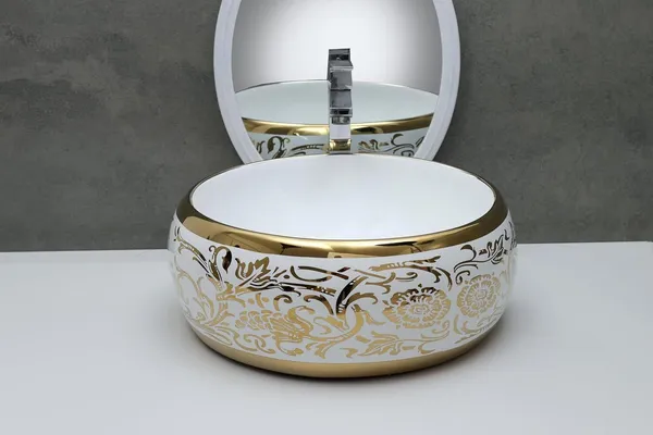 HISRE_Resin_Round_Designer_Wash_Basin_Countertop_Tabletop_For_Living_Room_Hotel_Lobby_Bathroom_Basins_&_Living_Room/Vessel/Sink_(16_x_16_x_6)_G1903_Table_Top_Basin_(White,_Gold)