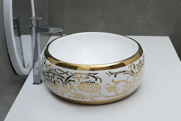 HISRE_Resin_Round_Designer_Wash_Basin_Countertop_Tabletop_For_Living_Room_Hotel_Lobby_Bathroom_Basins_&_Living_Room/Vessel/Sink_(16_x_16_x_6)_G1903_Table_Top_Basin_(White,_Gold)