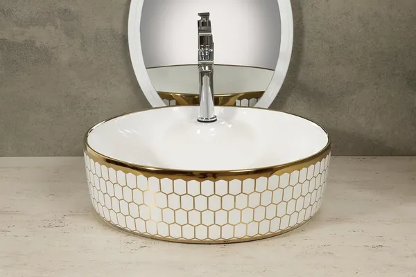 HISRE_Resin_Round_Wash_Basin_Countertop_Tabletop_Luxury_Vessel_Sink_Gold_Finish_Bathroom_Basins_&_Living_Room/Vessel/Sink_(17_x_17_x_5_Inch)_G2402_Over_Counter_Basin_(Gold,_White)