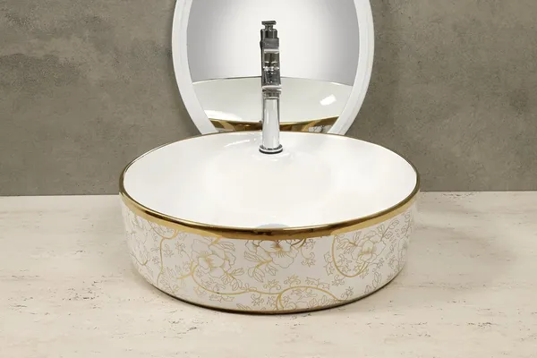 HISRE_Resin_Round_Designer_Floral_Basin_Countertop_Tabletop_Vessel_Sink_Gold_Finish_Bathroom_Basins_&_Living_Room/Vessel/Sink_(17_x_17_x_5_Inch)_G2403_Over_Counter_Basin_(Gold,_White)
