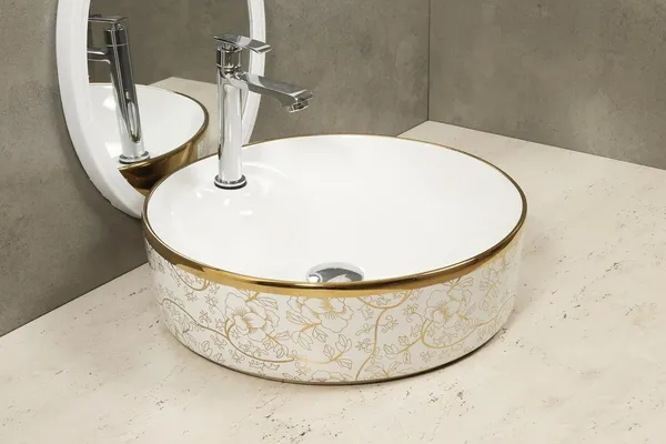 HISRE_Resin_Round_Designer_Floral_Basin_Countertop_Tabletop_Vessel_Sink_Gold_Finish_Bathroom_Basins_&_Living_Room/Vessel/Sink_(17_x_17_x_5_Inch)_G2403_Over_Counter_Basin_(Gold,_White)
